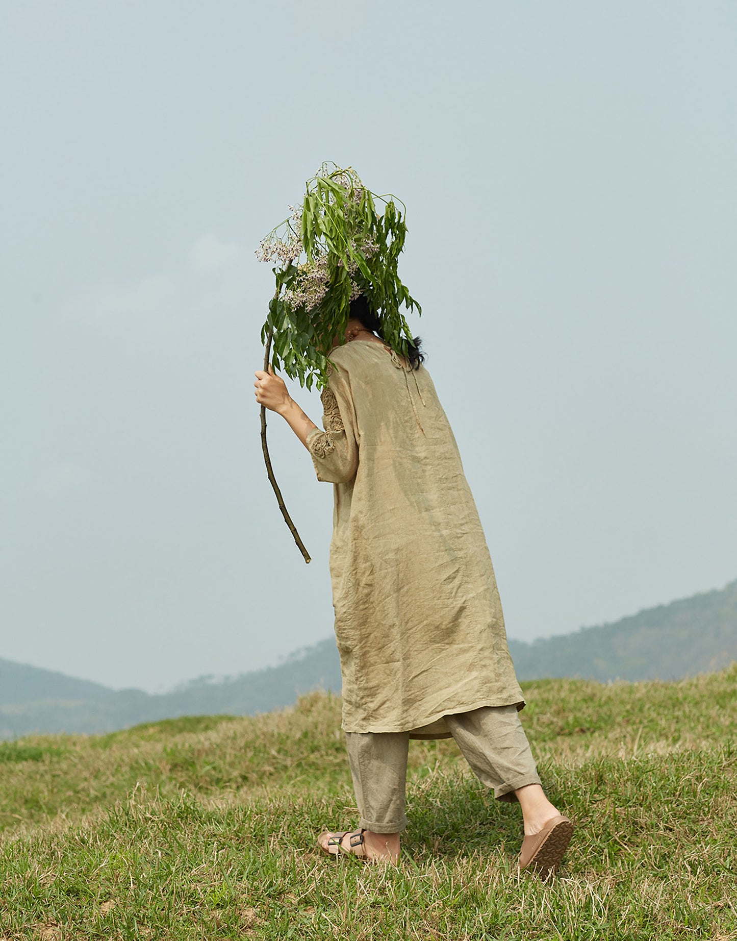 edoa Yarn Dyed Linen Tunic Dress with Handmade Tape embroidery
