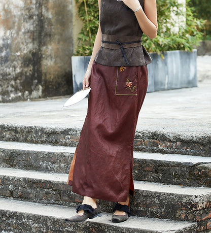 edoa New Chinese Style Cracked Mud Silk Habotai Straight Midi Skirt with Hand Embroidery