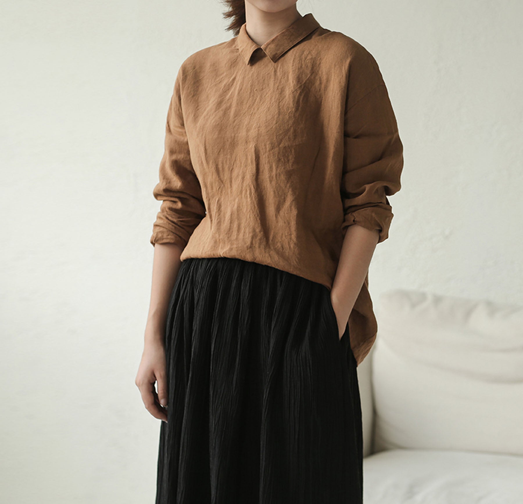 edoa Washed Linen Long Sleeve Blouse