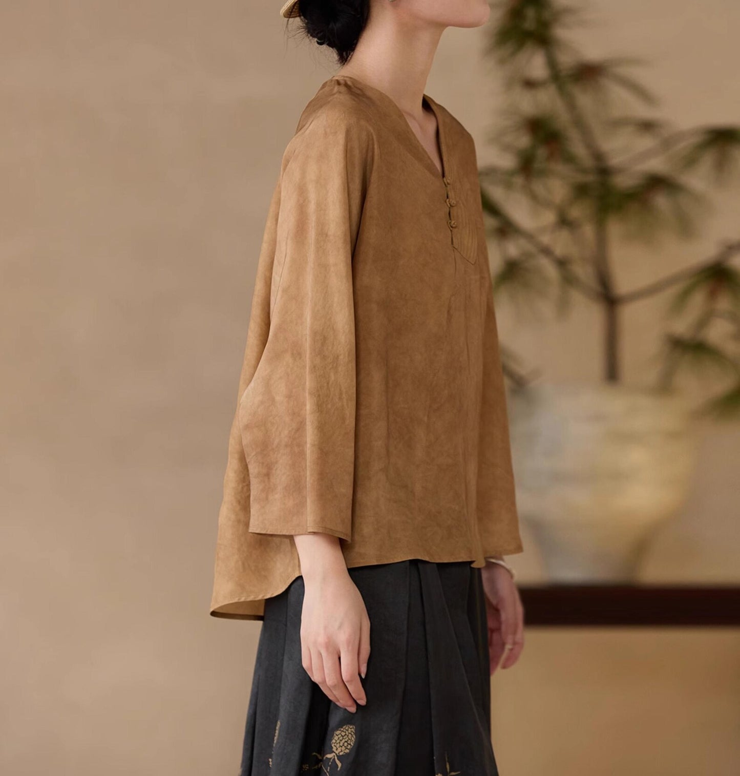 edoa Distressed Plant Dye Silk Charmeuse Chinese Blouse