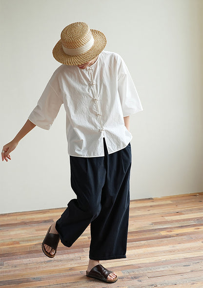 edoa 3/4 Sleeves Paper Cotton Round Neck Chinese Shirt 