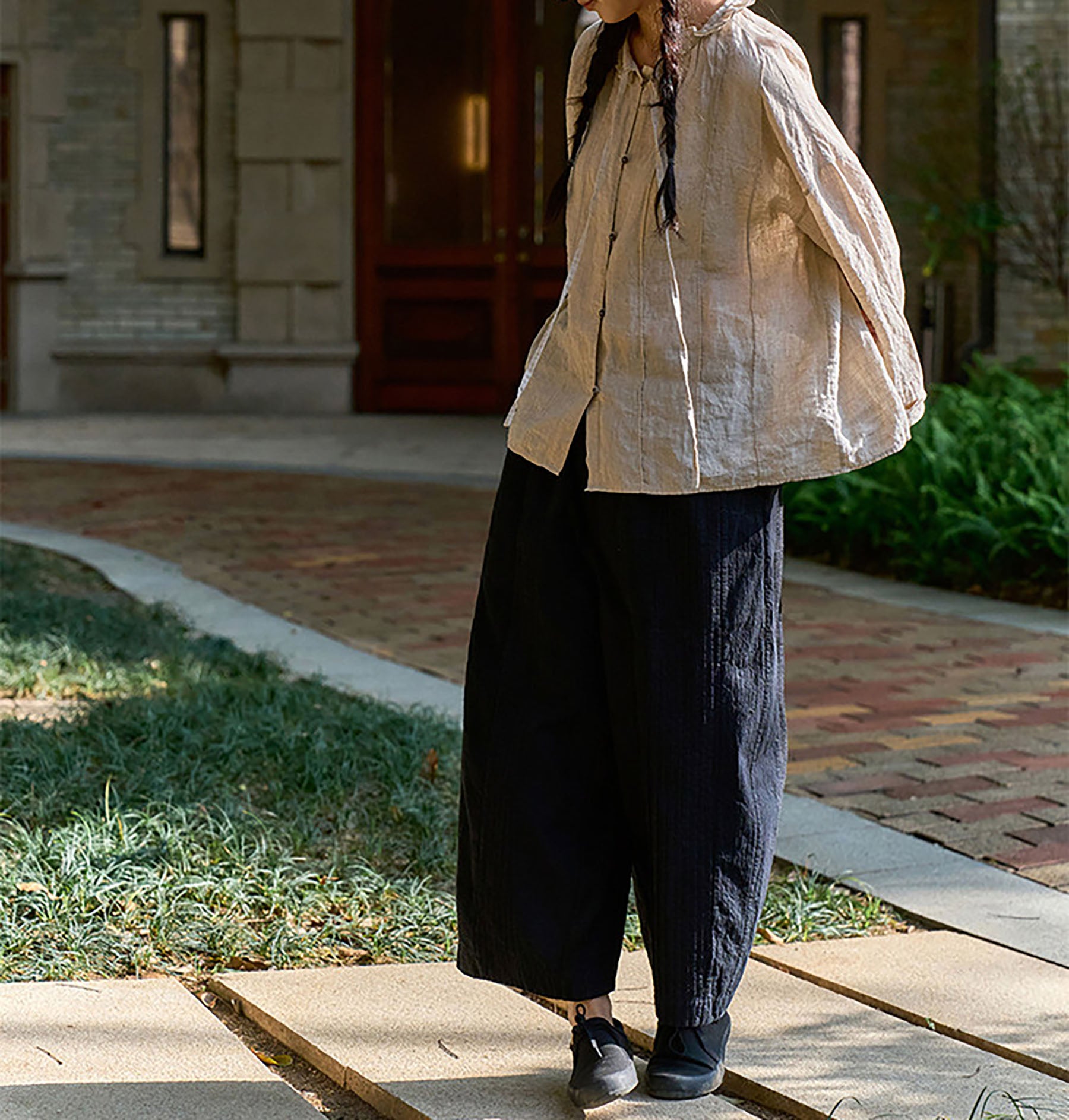 edoa Flax Linen Ruffled Collar Blouse with Pintucks