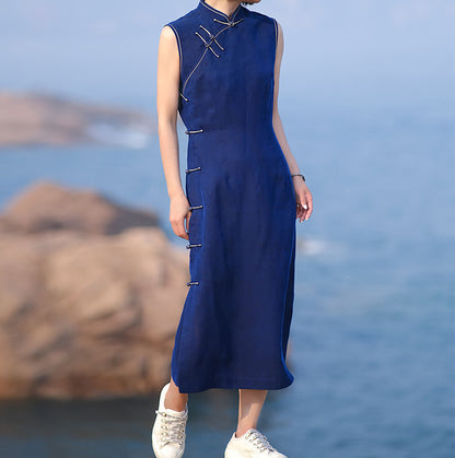 edoa Cracked Mud Silk Sleeveless Qipao Dress