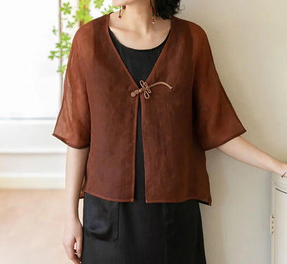 edoa Mud Silk Satin-organza Blazer with Dragonfly Button