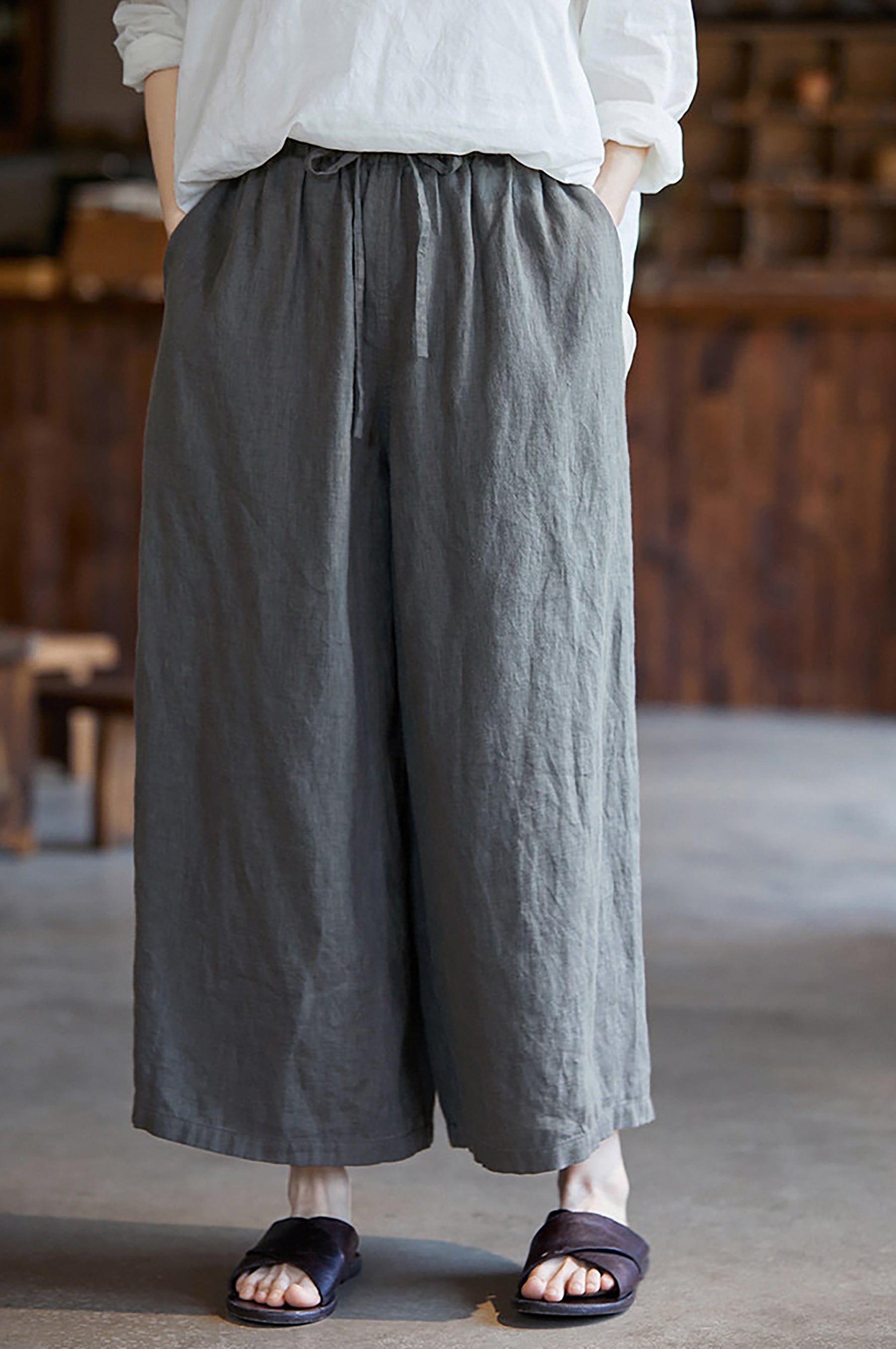 edoa Gray Linen Wide Leg Pants