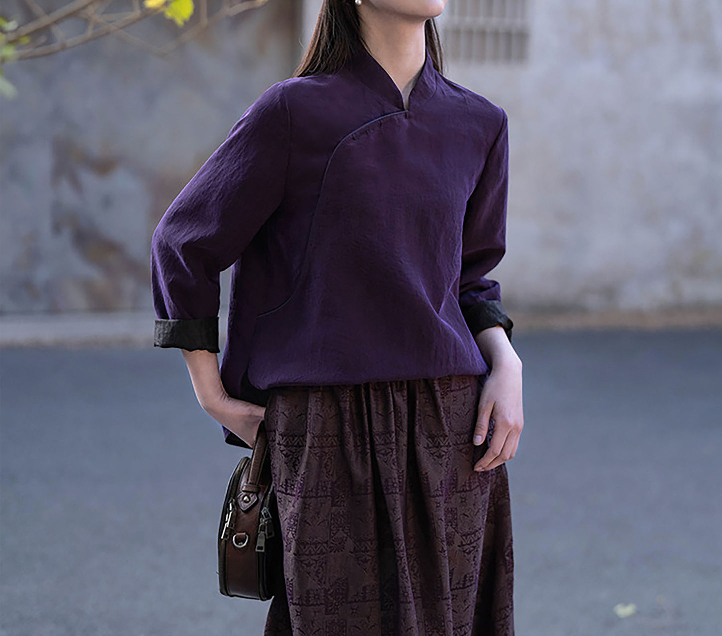 edoa Purple Cracked Mud Silk Cheongsam Top
