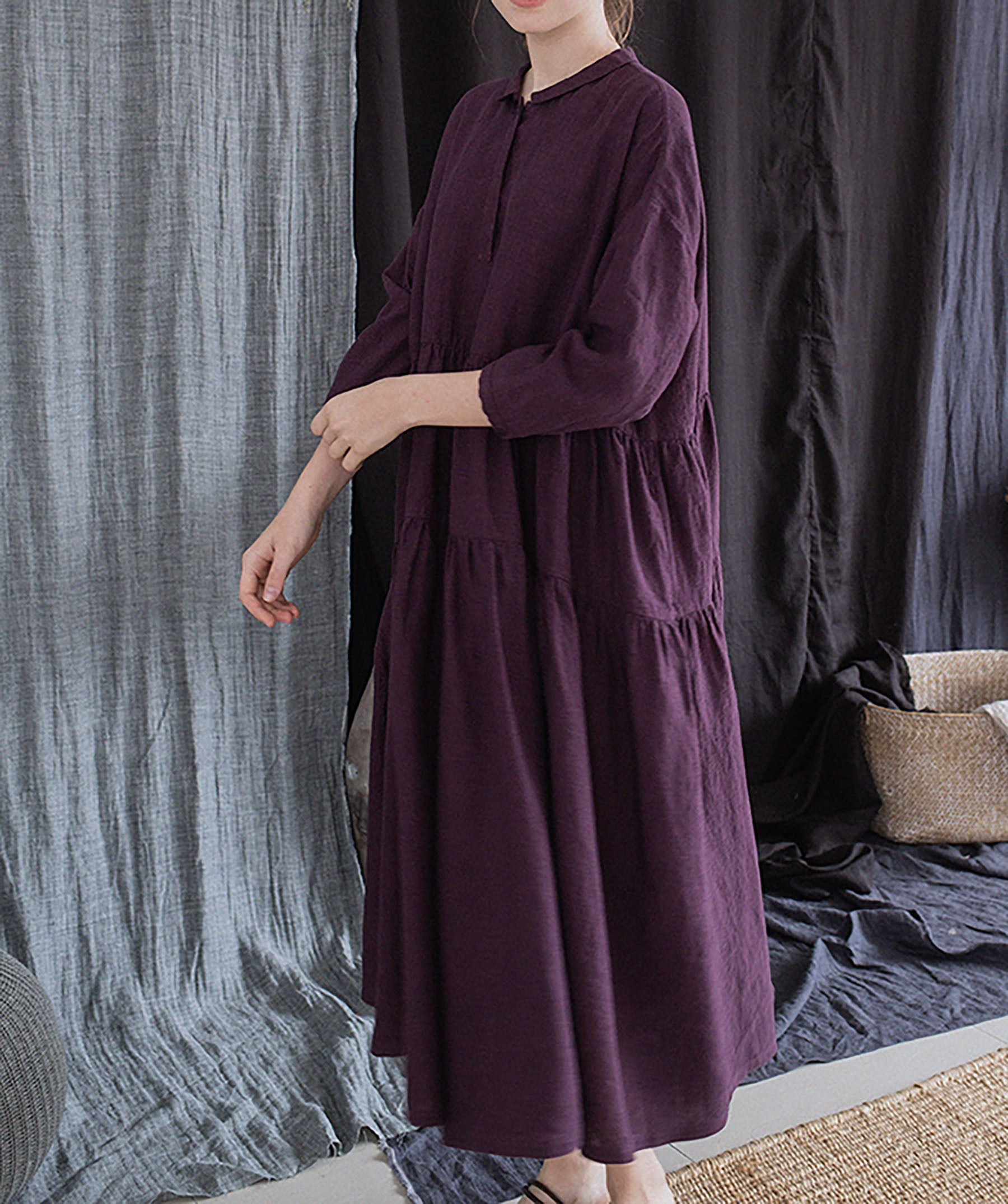 edoa Grape Purple Linen Peter Pan Collar Tiered Dress