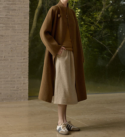 edoa New Chinese Style Double-faced Wool Long Coat