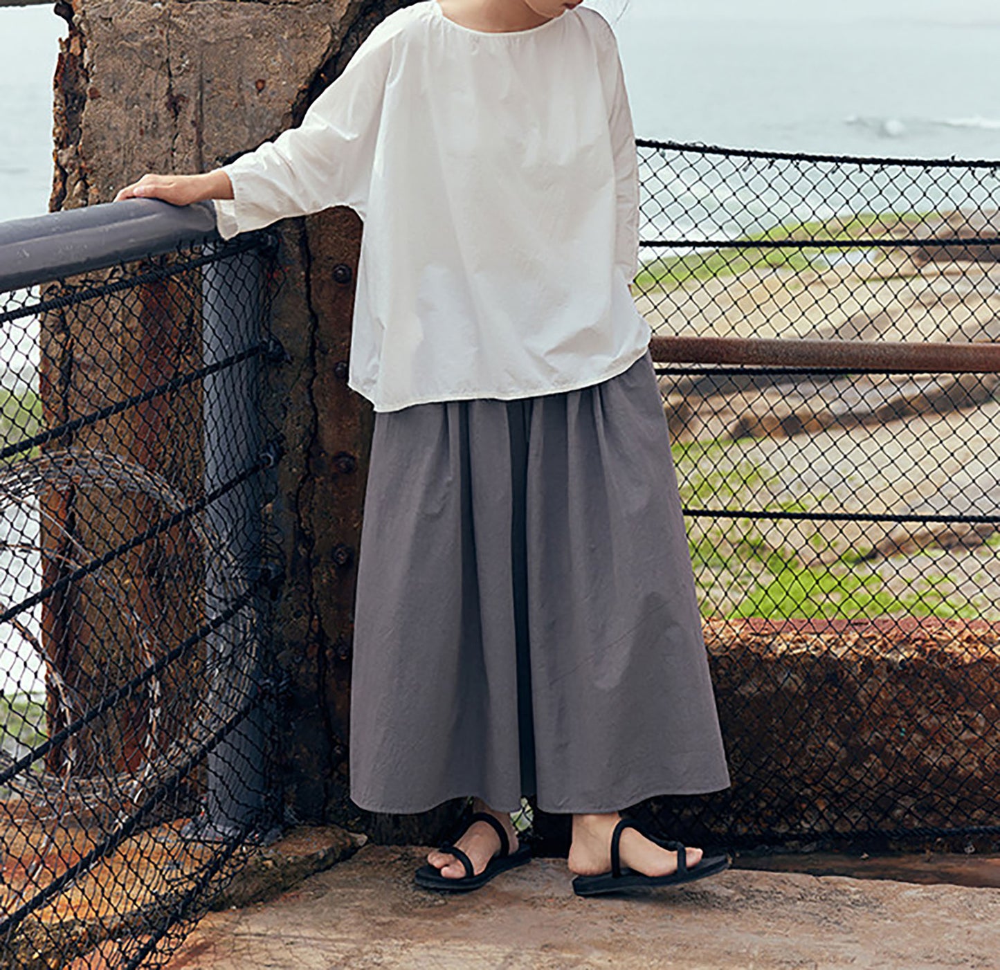 edoa Gray Loose Fitting High Densit Japanese Sun-dried Cotton Wide Leg Pants