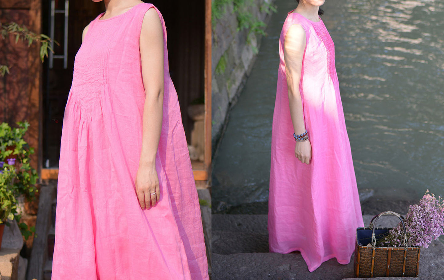 edoa Hand Pintucked Ramie Floor-length Tank Dress 