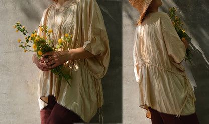 edoa Oversized Dupion Silk Top decored with Hand Embroidery Sashiko