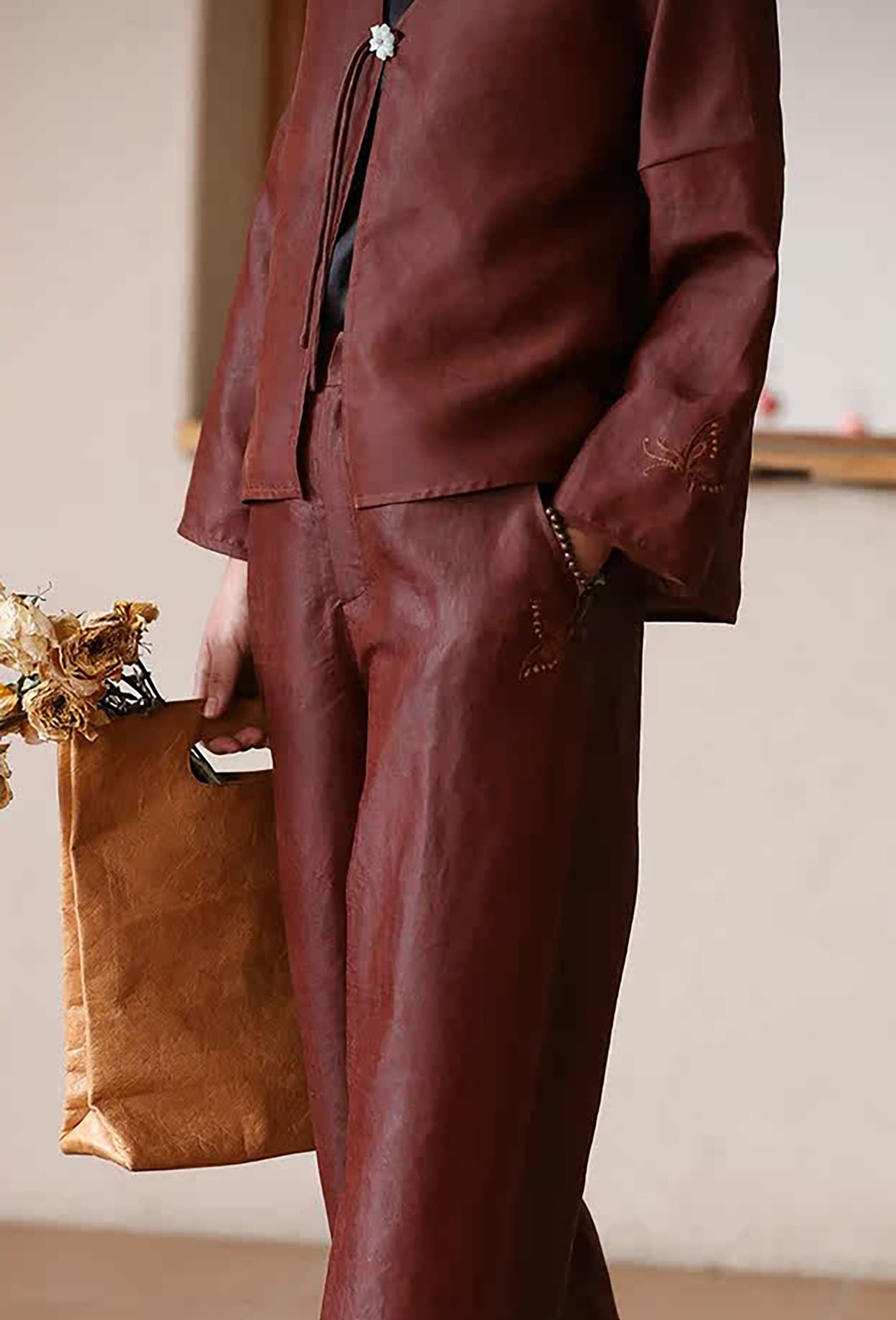 edoa Cracked Mud Silk Habotai Pants with Hand Embroidery of Butterfly
