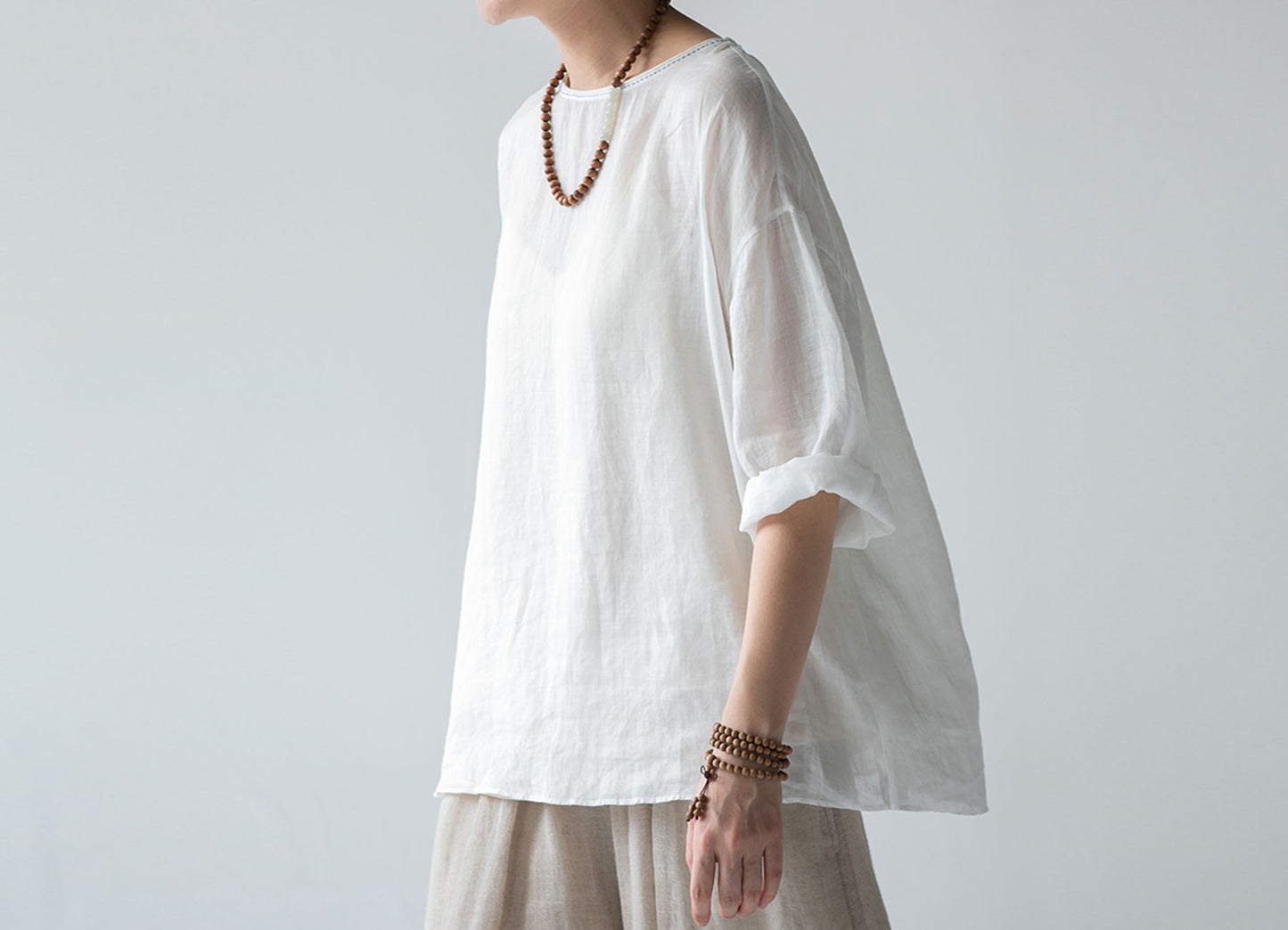 edoa High Counted Ramie 3/4 Sleeves Blouse 