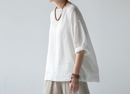 edoa High Counted Ramie 3/4 Sleeves Blouse 