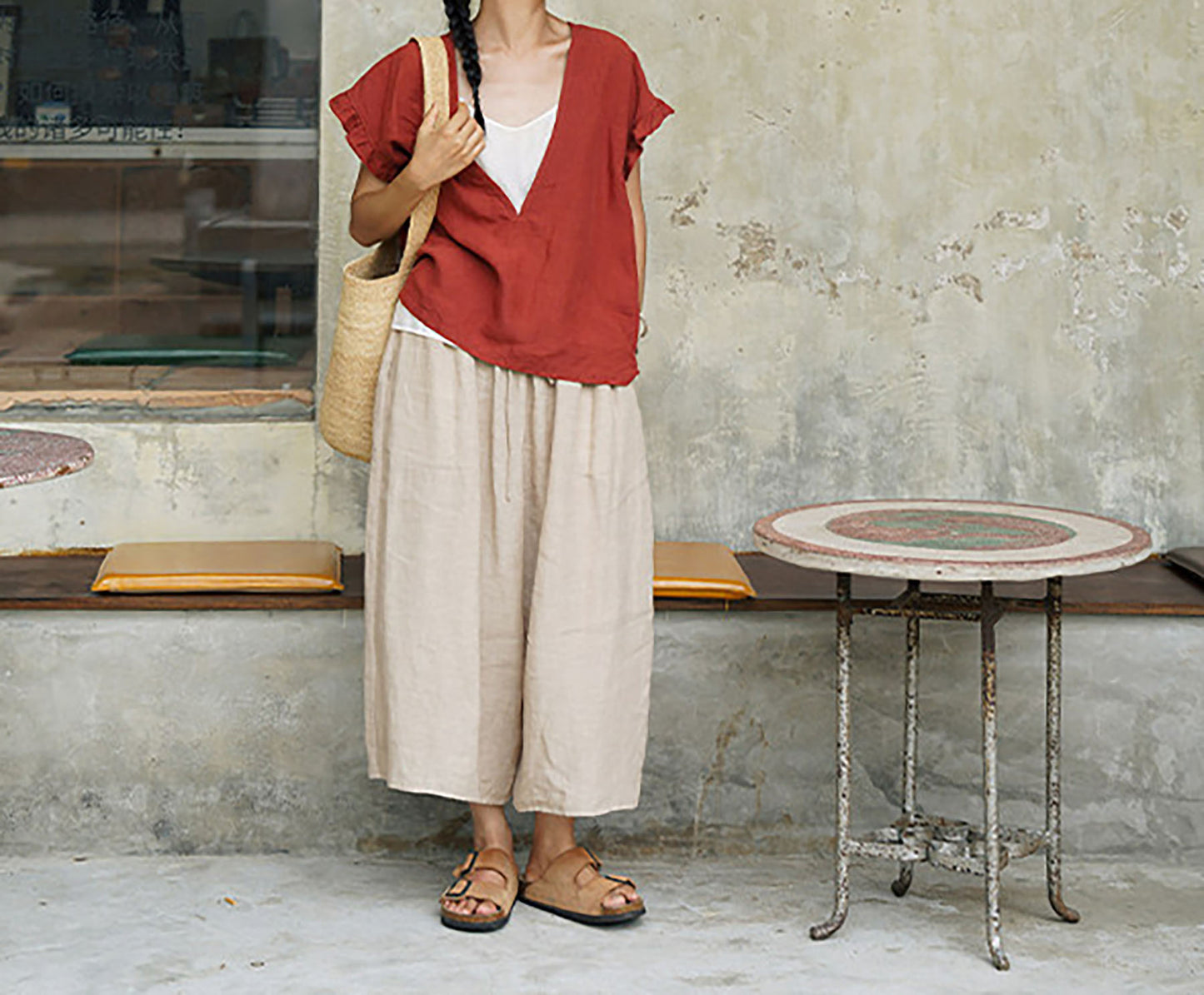 edoa Flax Linen Wide Leg Pants 