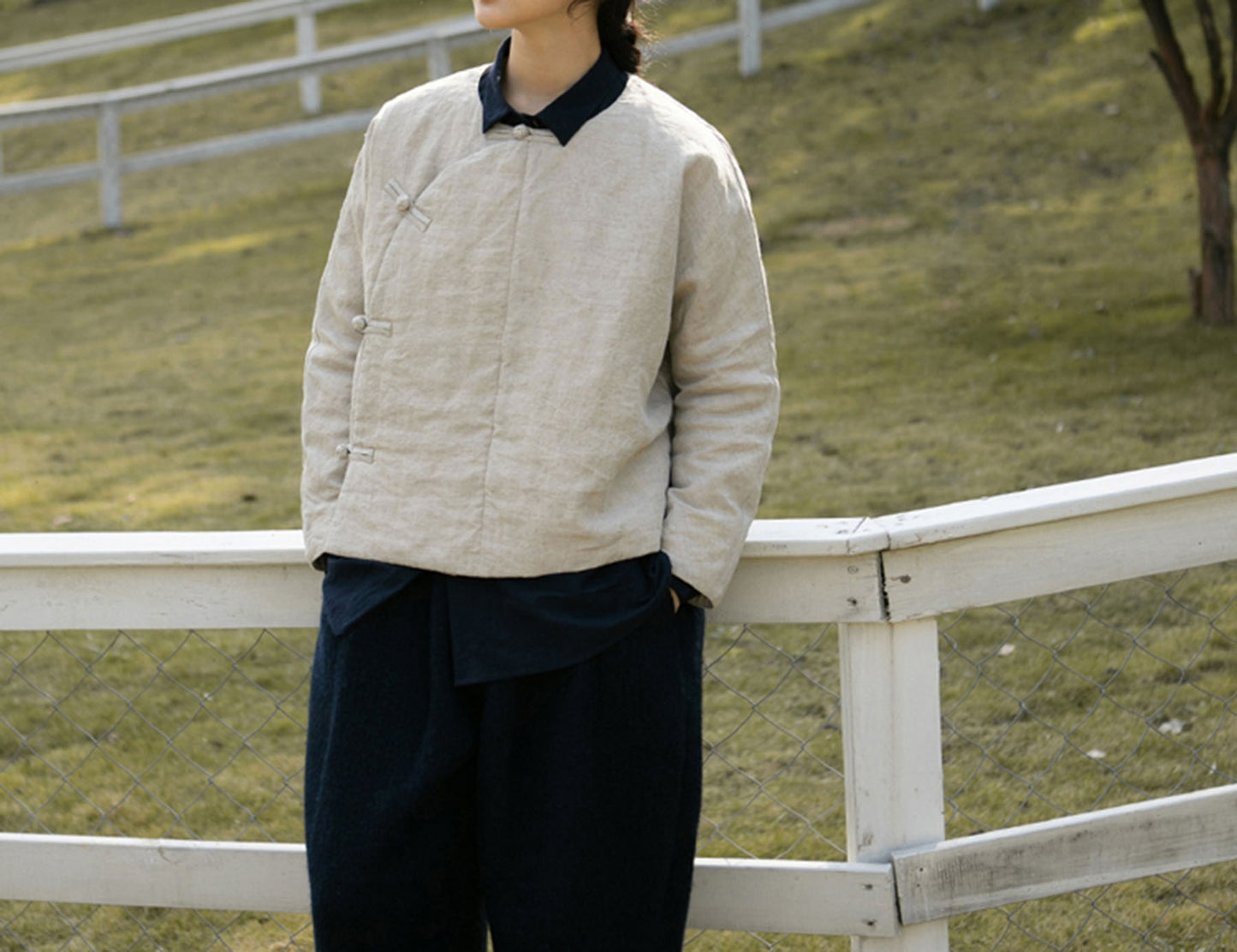 edoa Collarless Flax Linen Goose Down Chinese Jacket 