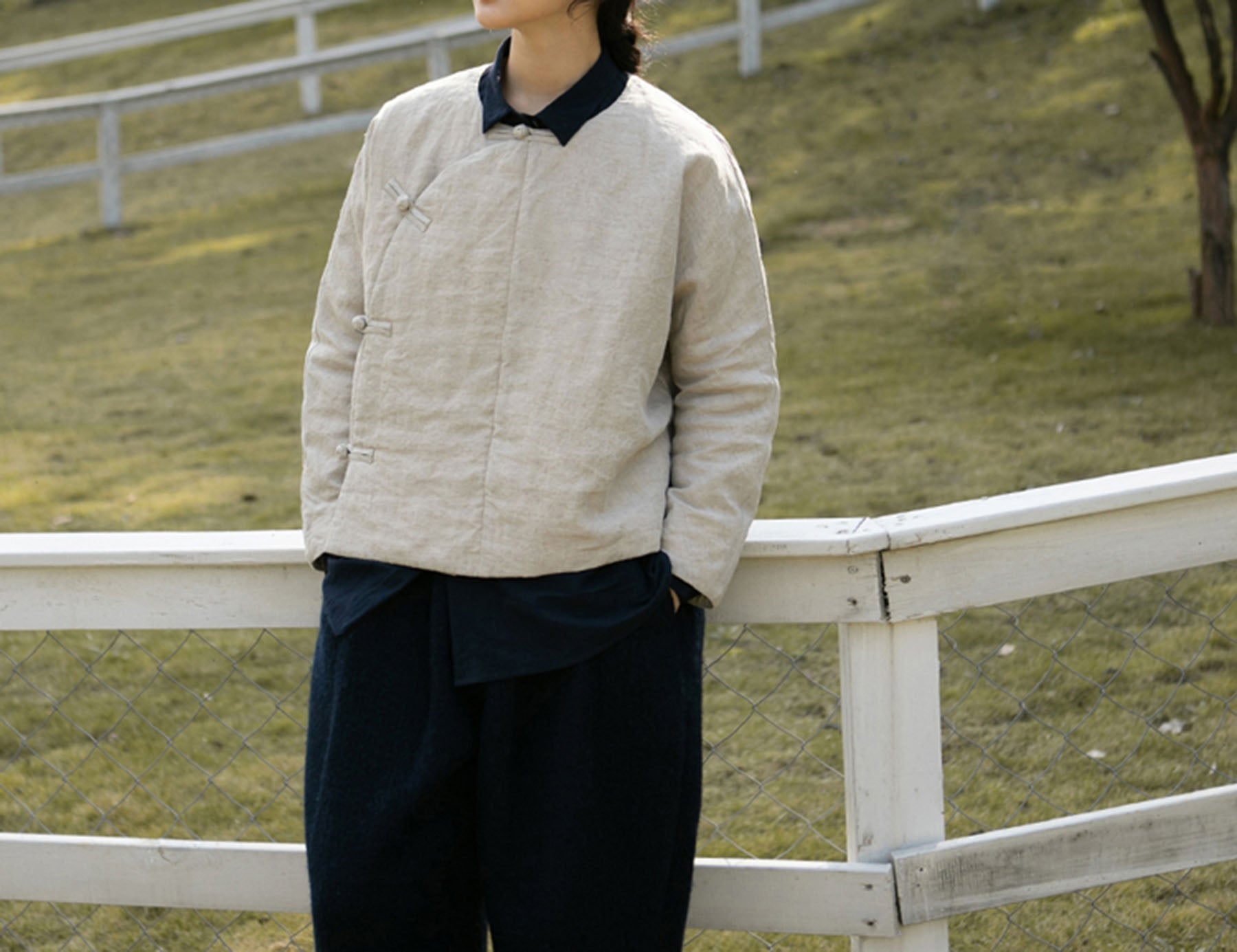 edoa Collarless Flax Linen Goose Down Chinese Jacket 