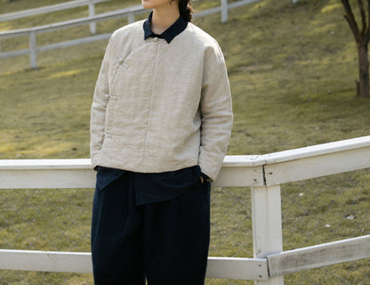 edoa Collarless Flax Linen Goose Down Chinese Jacket 