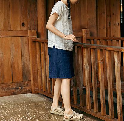 edoa High Count French Linen Short Sleeve Top