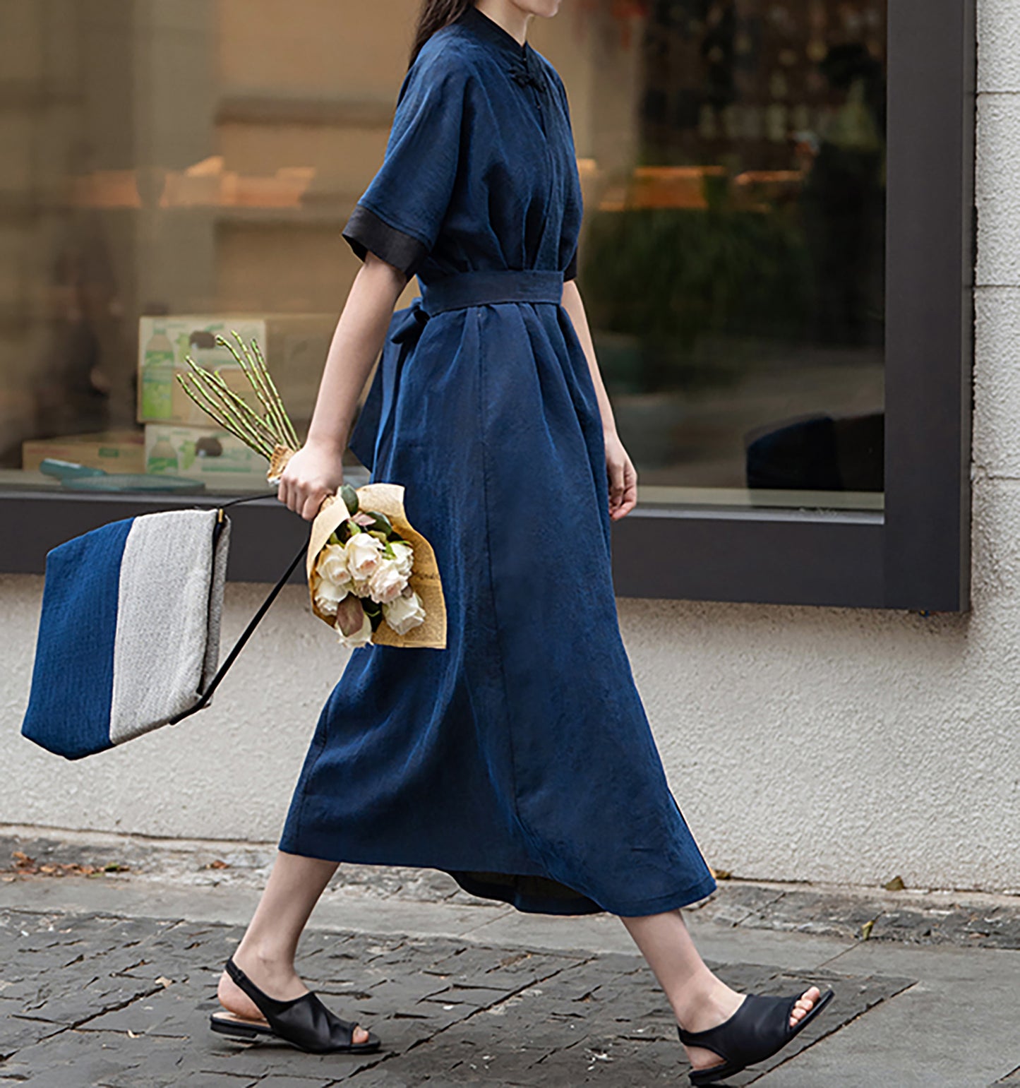 edoa Blue Cracked Mud Silk A-line Dress 