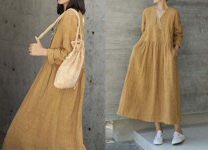 edoa V Neckline Linen Maxi Dress 