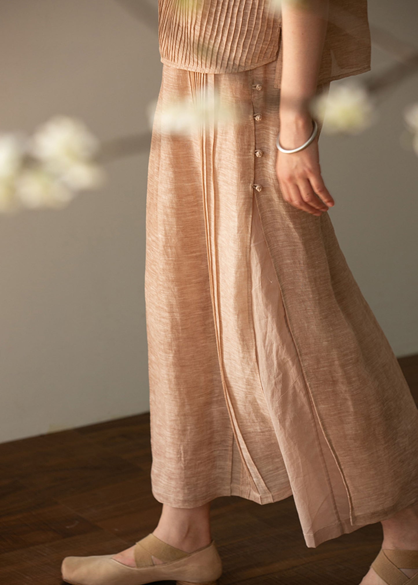 edoa Hand-pintucked Distressed Linen Rayon Blend Pen Skirt 