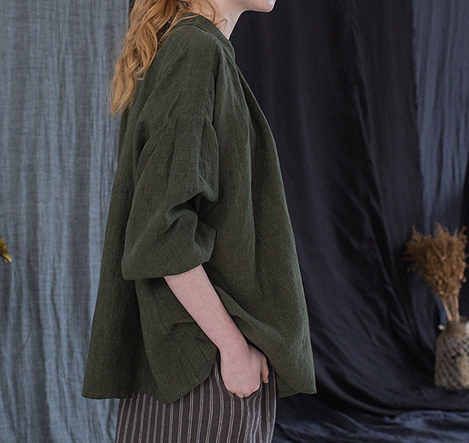 edoa Forest Green Linen Peter Pan Collar Babydoll Shirt