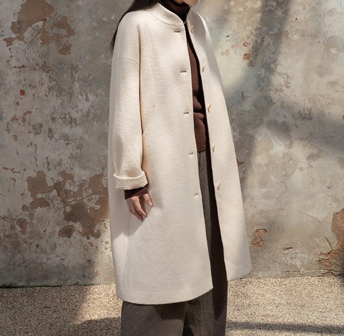 edoa White Winter Boiled Wool Chinese Coat