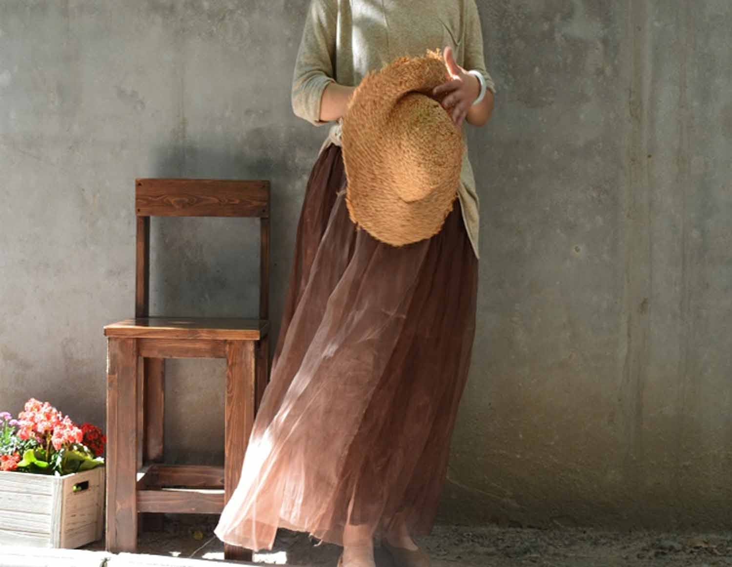 edoa Brown Silk Organza Skirt