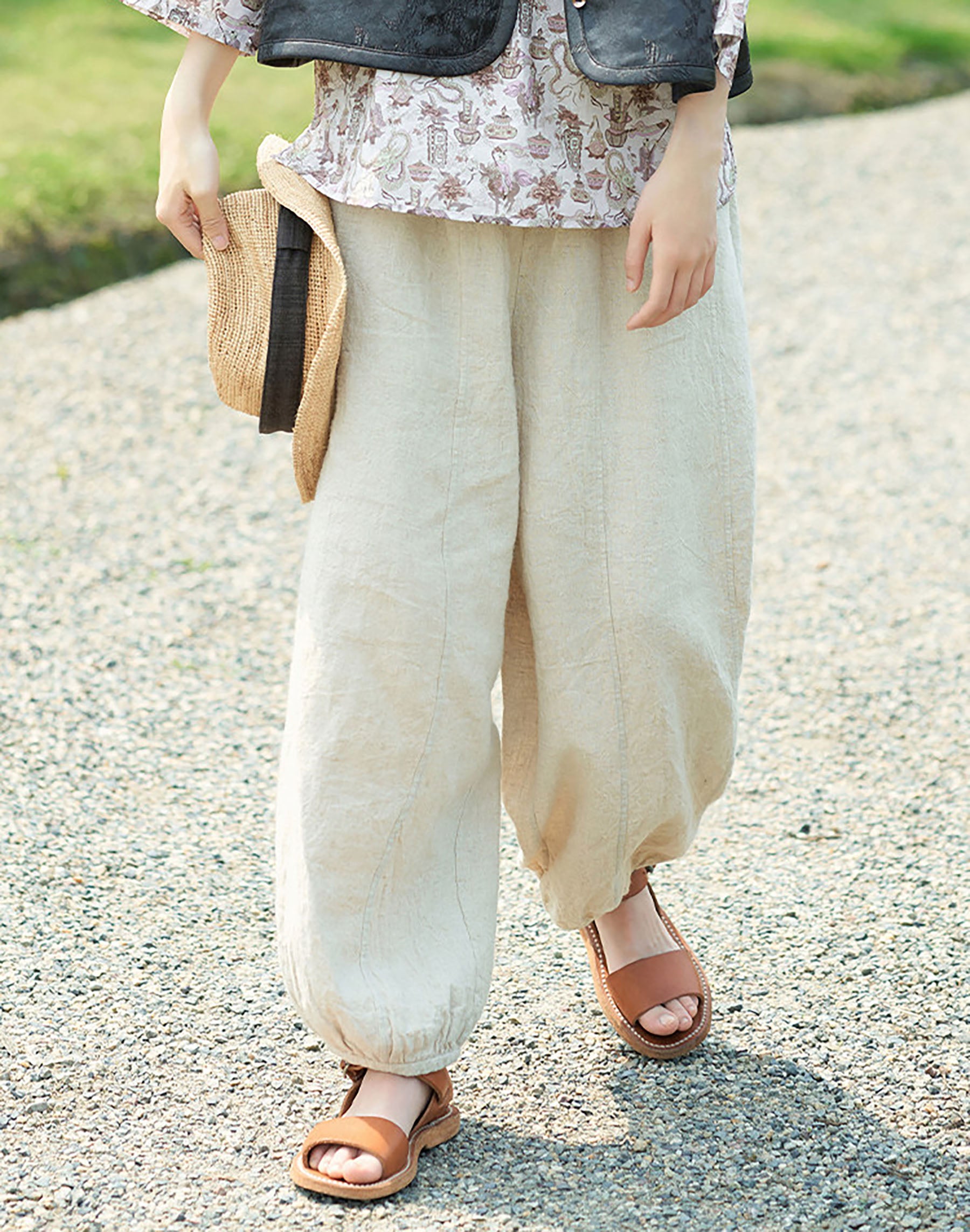 edoa Flax Linen Elasticated Waist Lantern Pants
