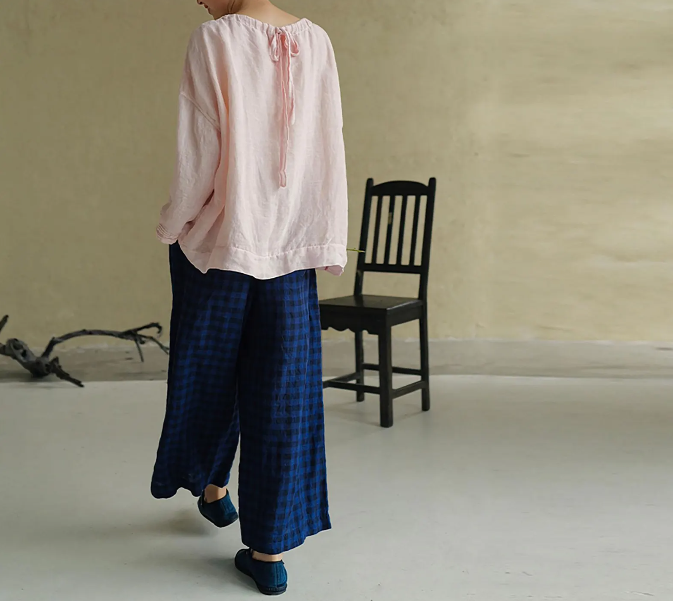 edoa Pink High Counted Linen Gather Blouse
