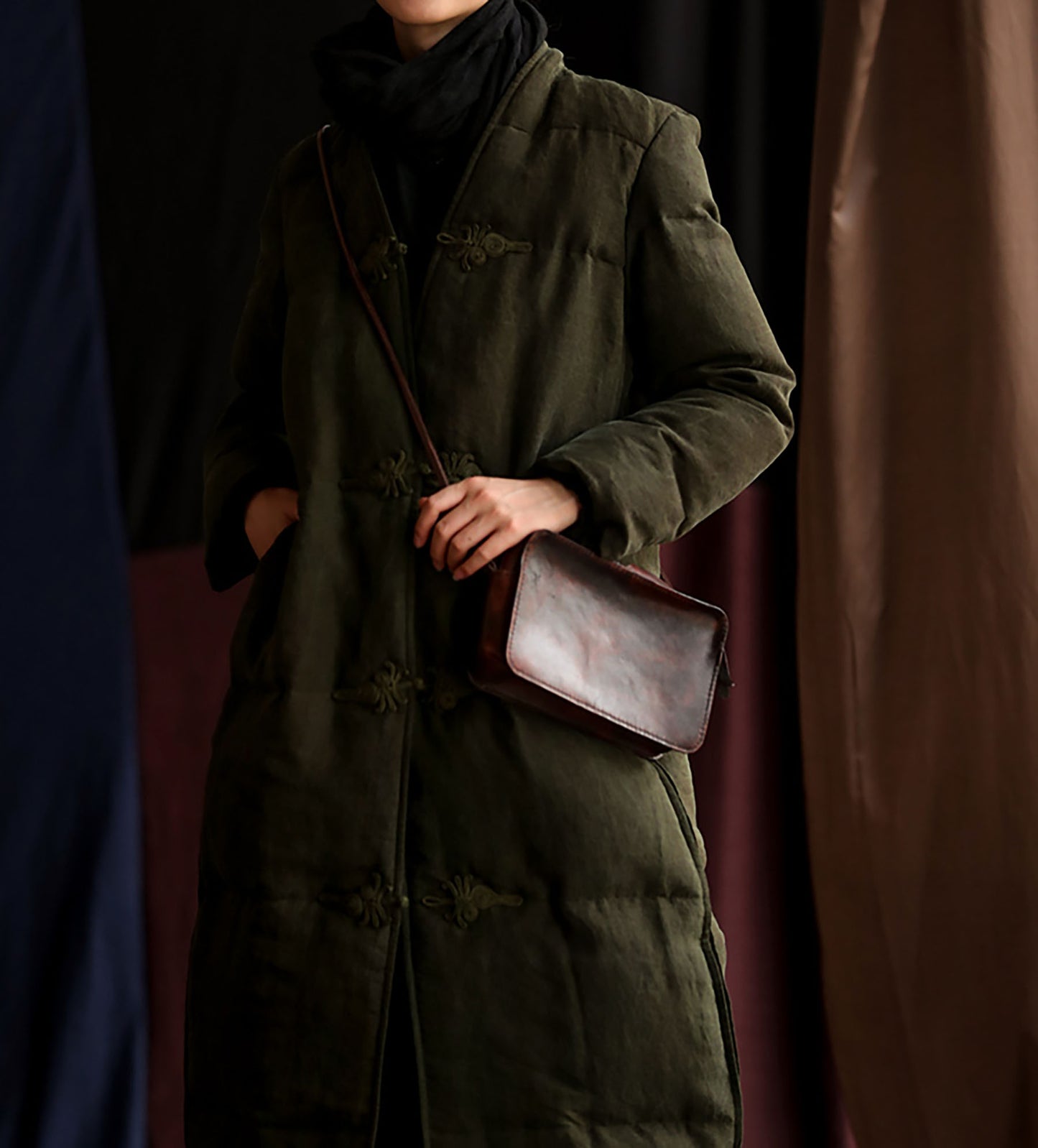 edoa Cracked Mud Silk Goose Down Long Coat