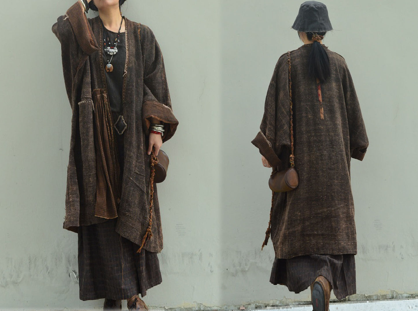 edoa Reversible Oversized Mud Tussah Silk Kimono Coat
