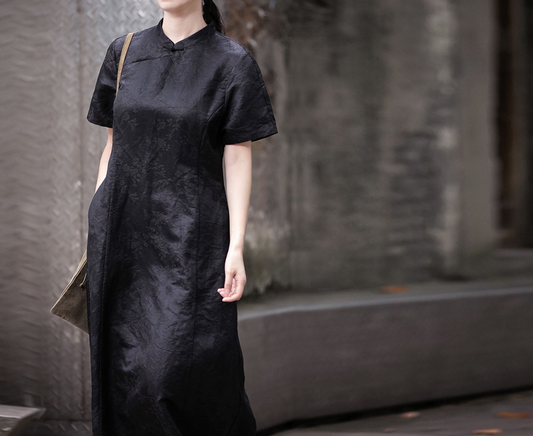 edoa Mud Silk Linen blend Jacquard Qipao