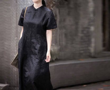 edoa Mud Silk Linen blend Jacquard Qipao