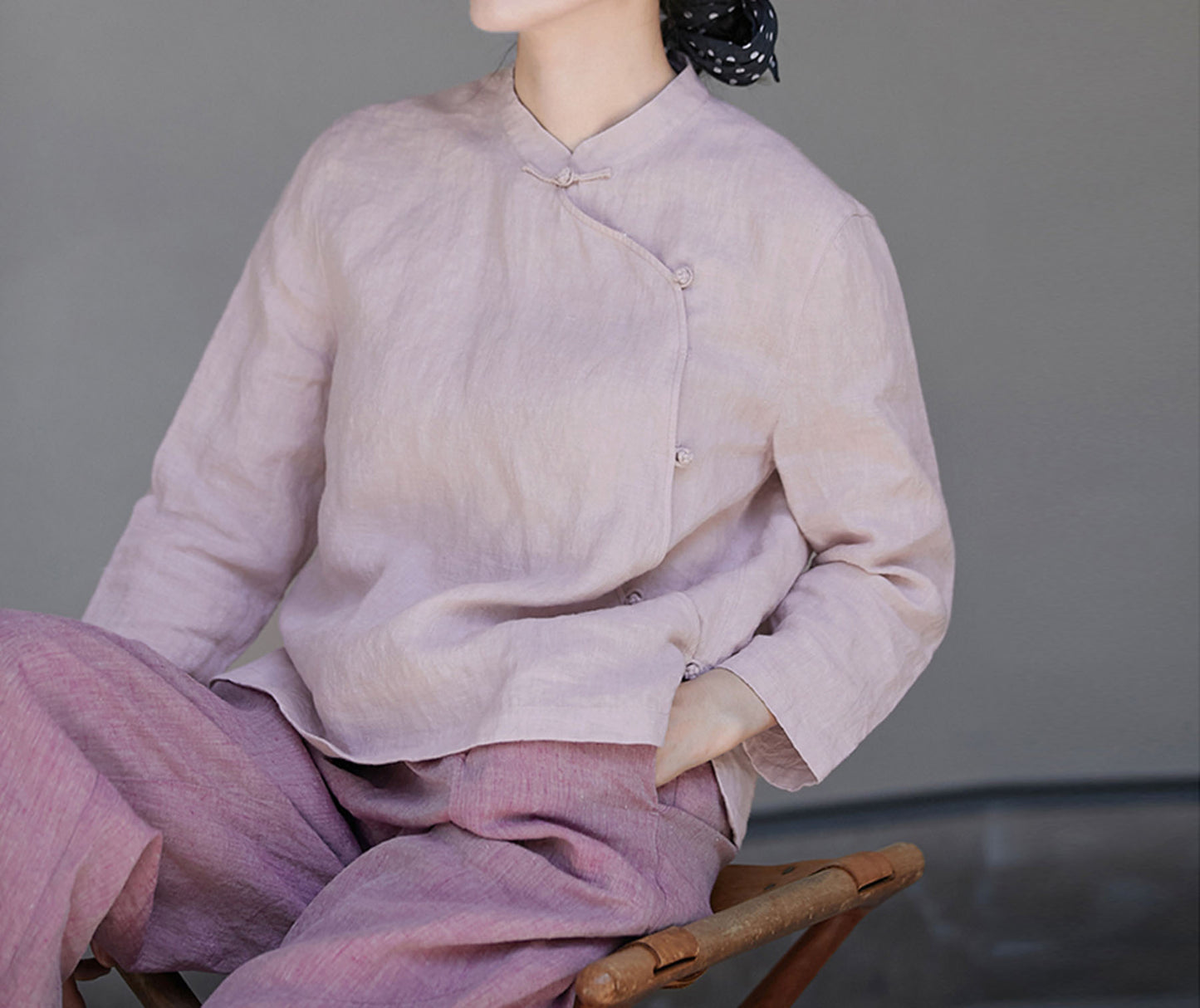 edoa Purplish Pink Linen Qipao Top