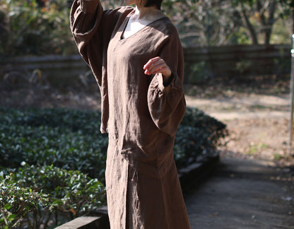 edoa Brown Linen V-neck Blouse with Balloon Sleeves