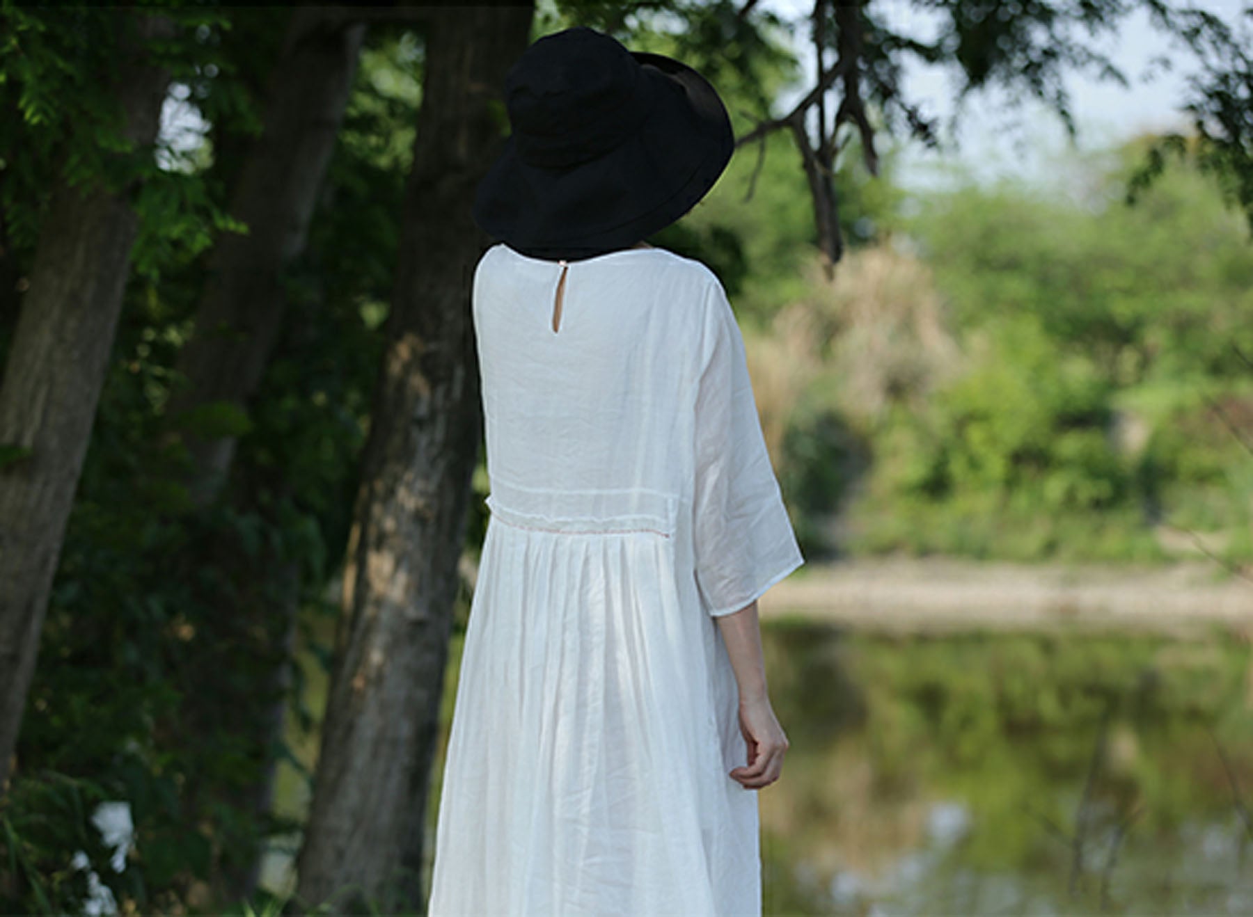 edoa White High Counted Ramie Maxi Dress