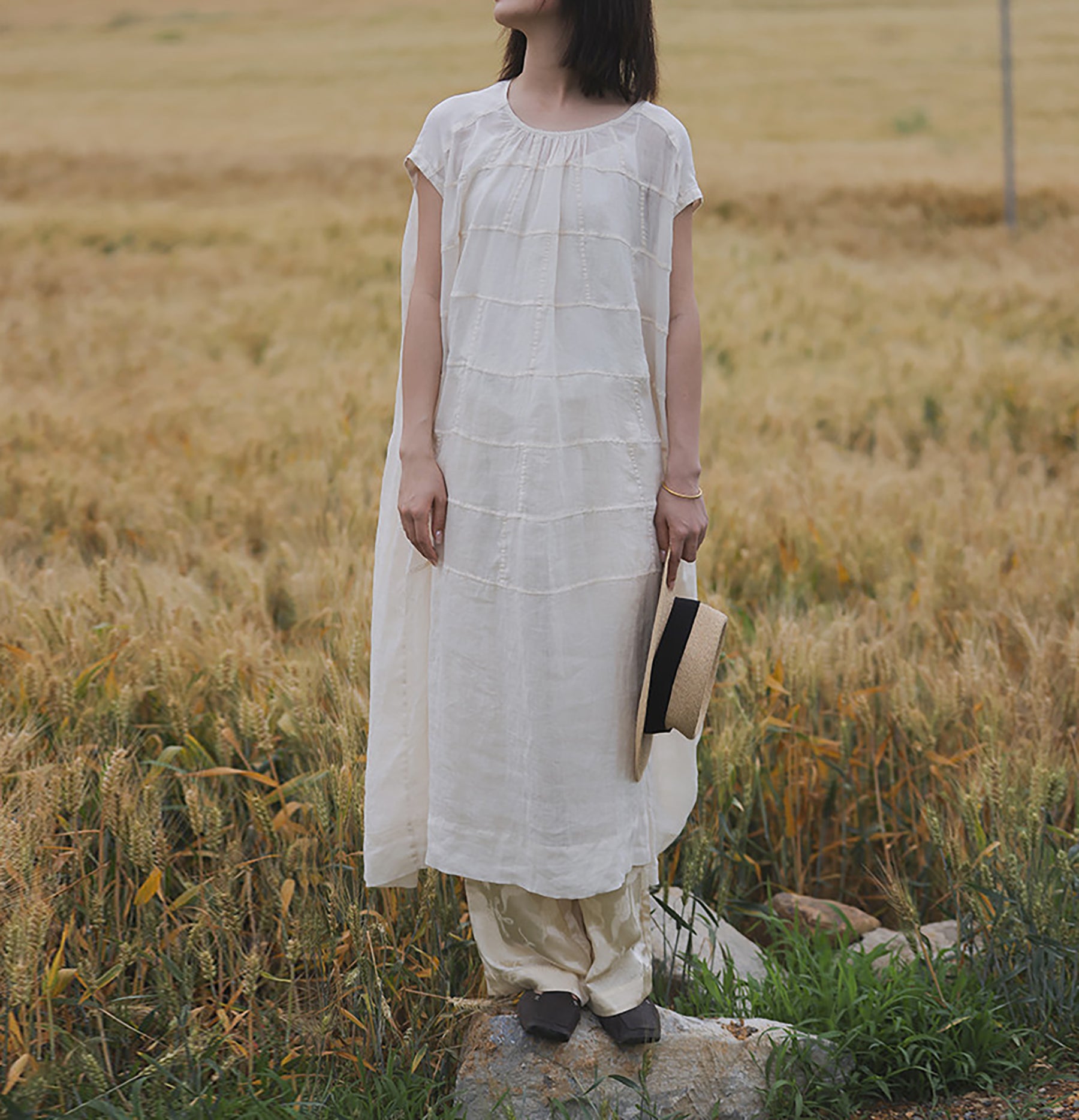 edoa Oversized Summer Light and Airy Ramie Robe with Geometric Patchwork
