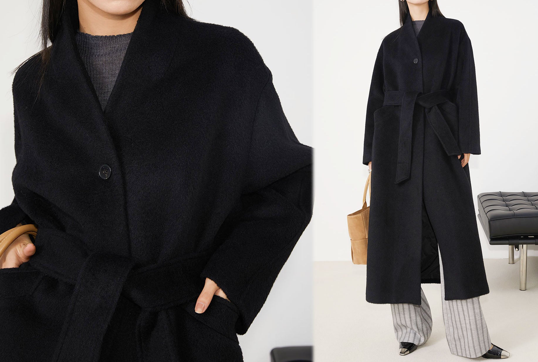 edoa Suri Alpaca V-neck Belted Wrap Maxi Coat 