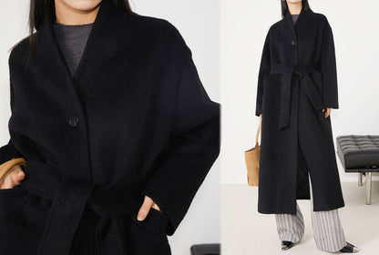 edoa Suri Alpaca V-neck Belted Wrap Maxi Coat 
