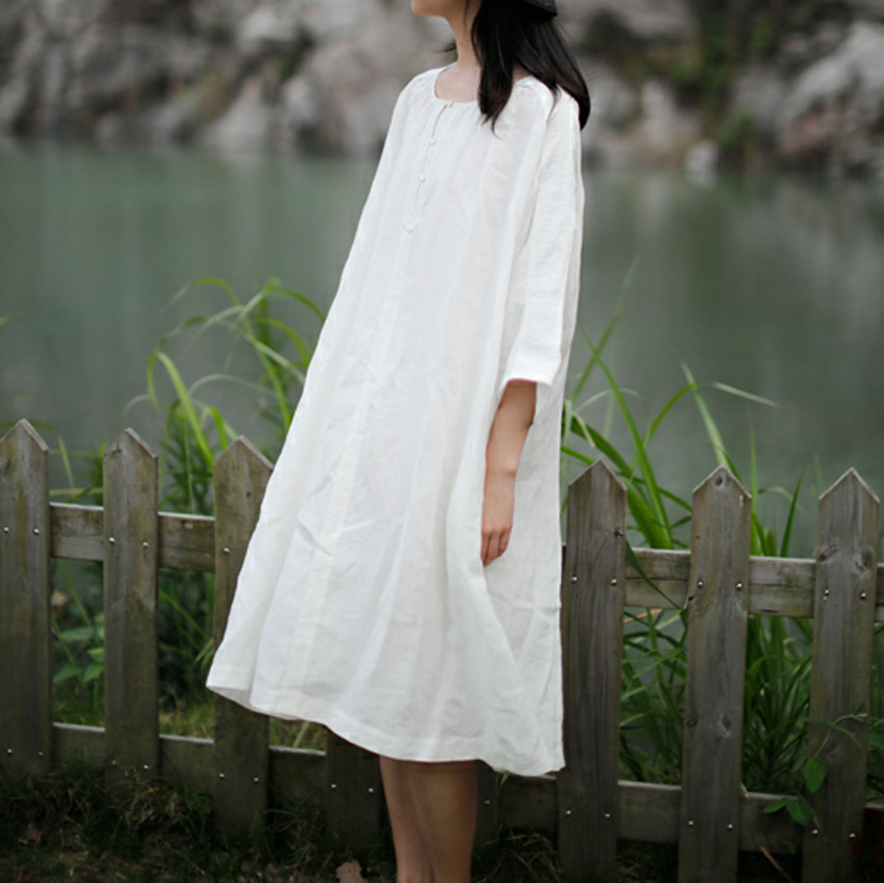 edoa 3/4 sleeves A-line Linen Tunic