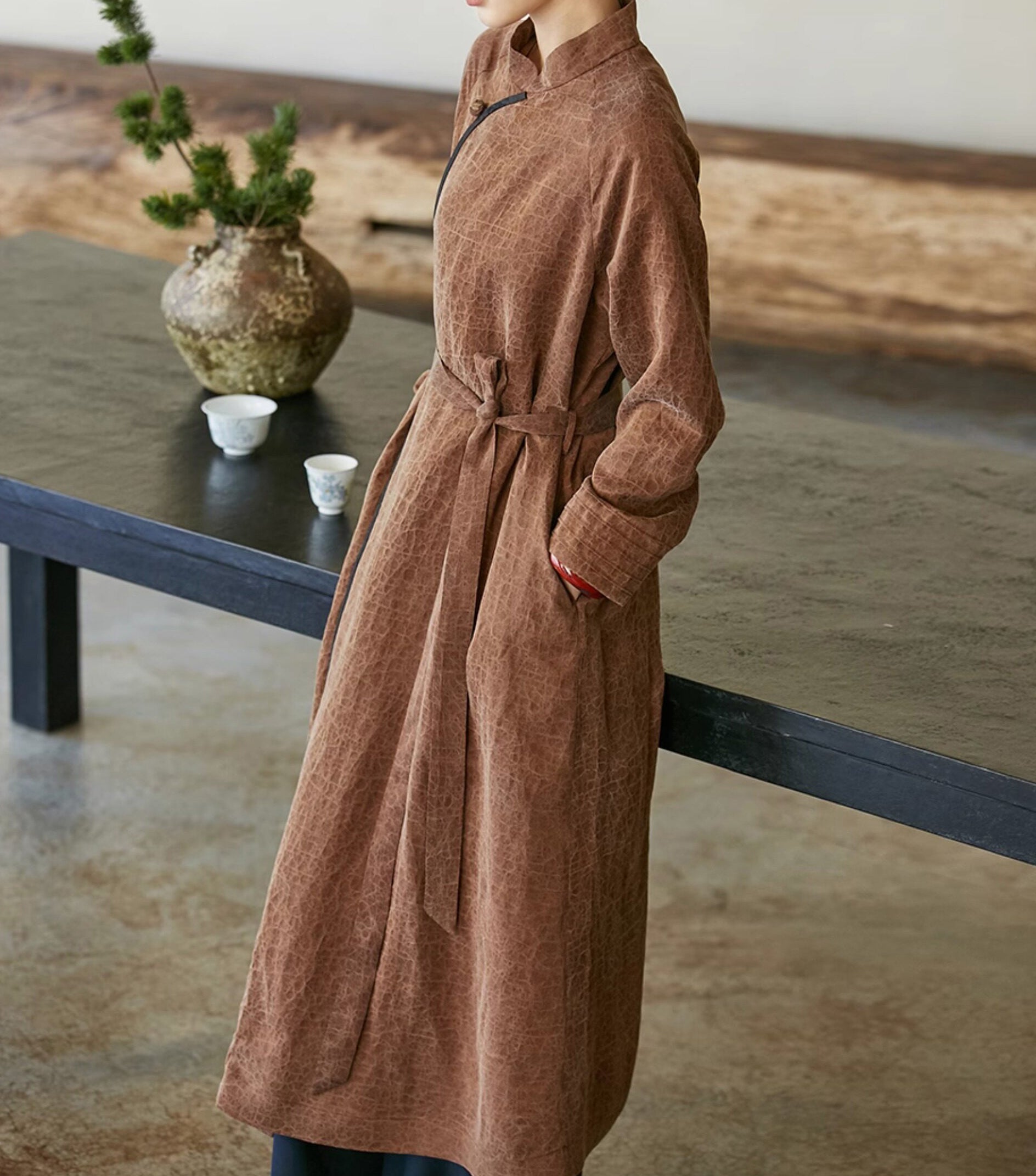 edoa Cracked Mud Silk Charmeuse Cheongsam Coat