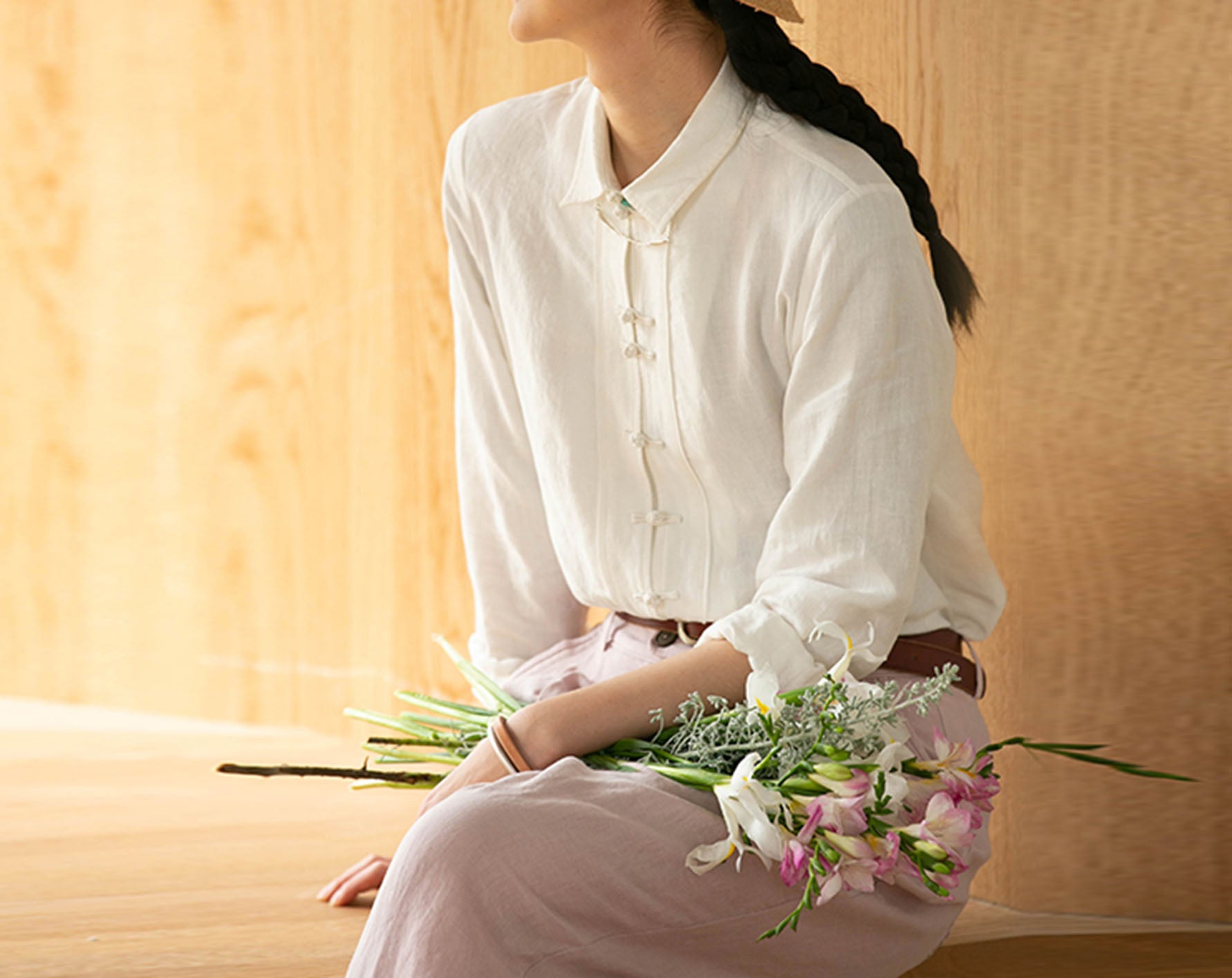 edoa Washed Linen Modified Chinese Blouse