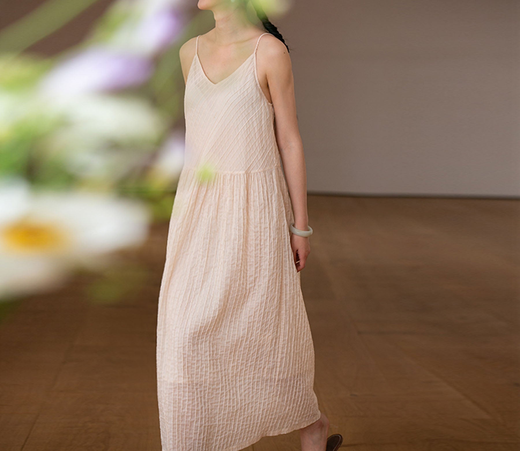 edoa High Count Cotton Pintucked Slip Dress