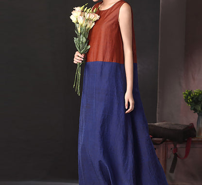 edoa Cracked Mud Silk Color Block Sleeveless Dress