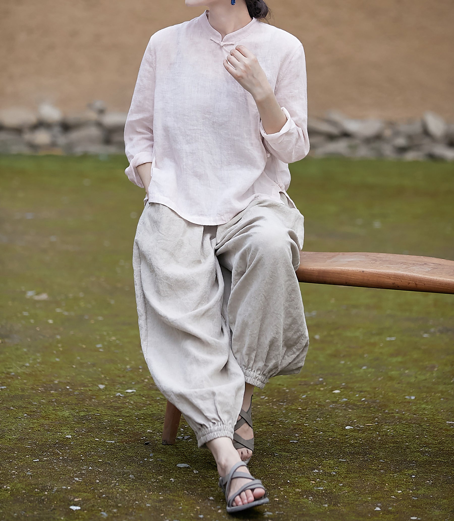 edoa Pink Linen Chinese Qipao Blouse