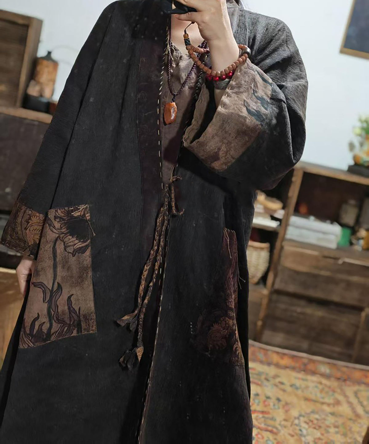 Reversible Mud Silk Linen Blend Jacquard Kimono Coat co0244 X336