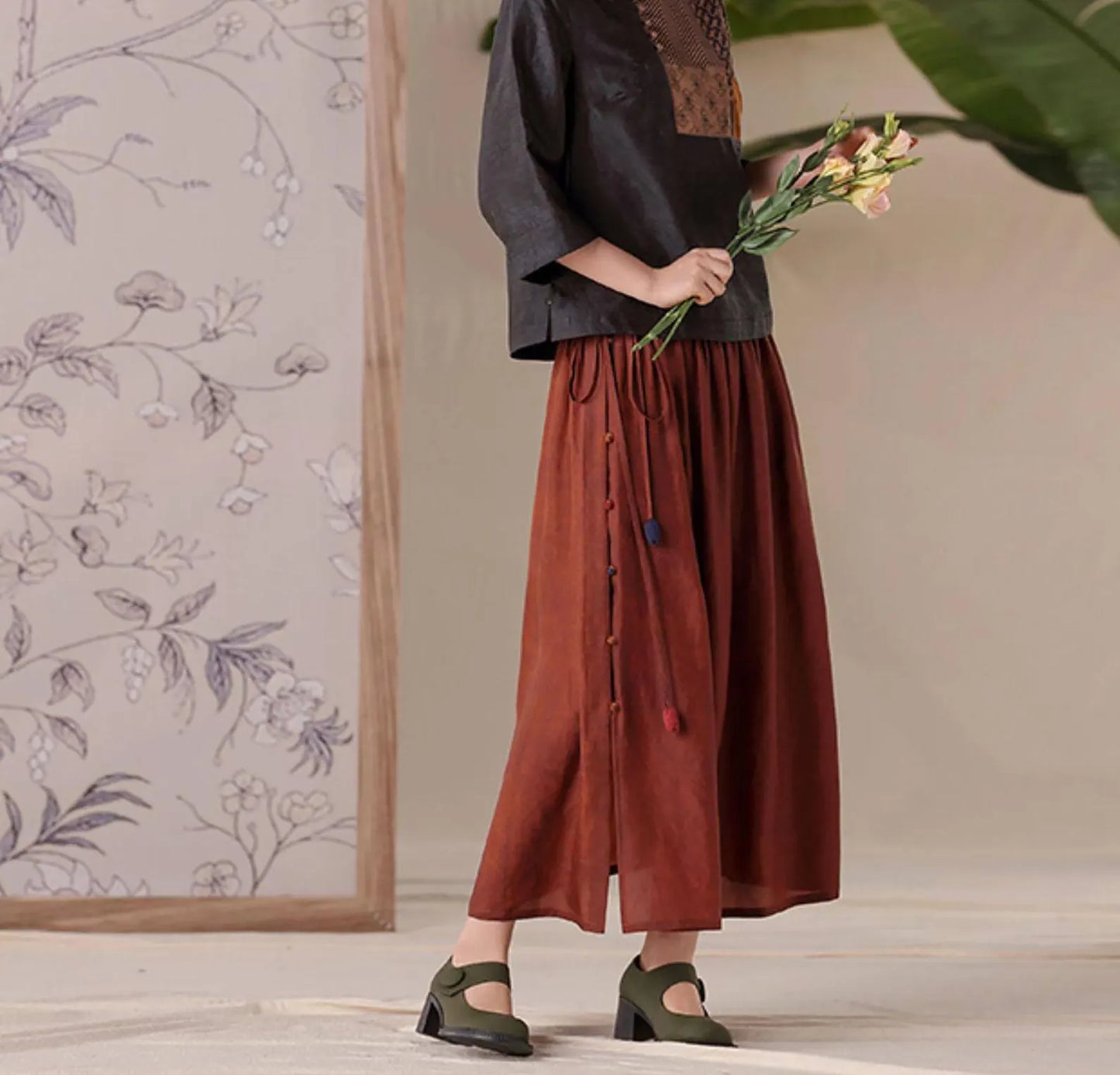 edoa Cracked Mud Silk Patchwork Maxi Skirt