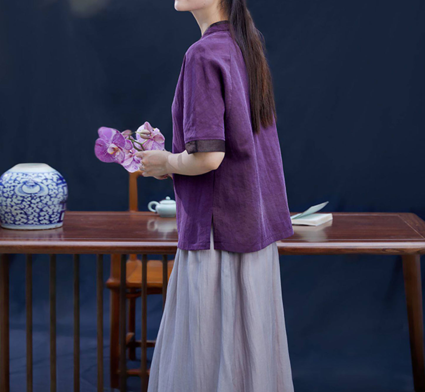 edoa Purple Cracked Mud Silk Chinese Blouse